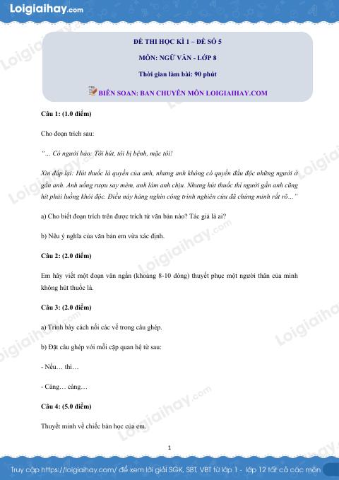 Đề số 5 - Đề kiểm tra học kì 1 (Đề thi học kì 1) - Ngữ văn 8
